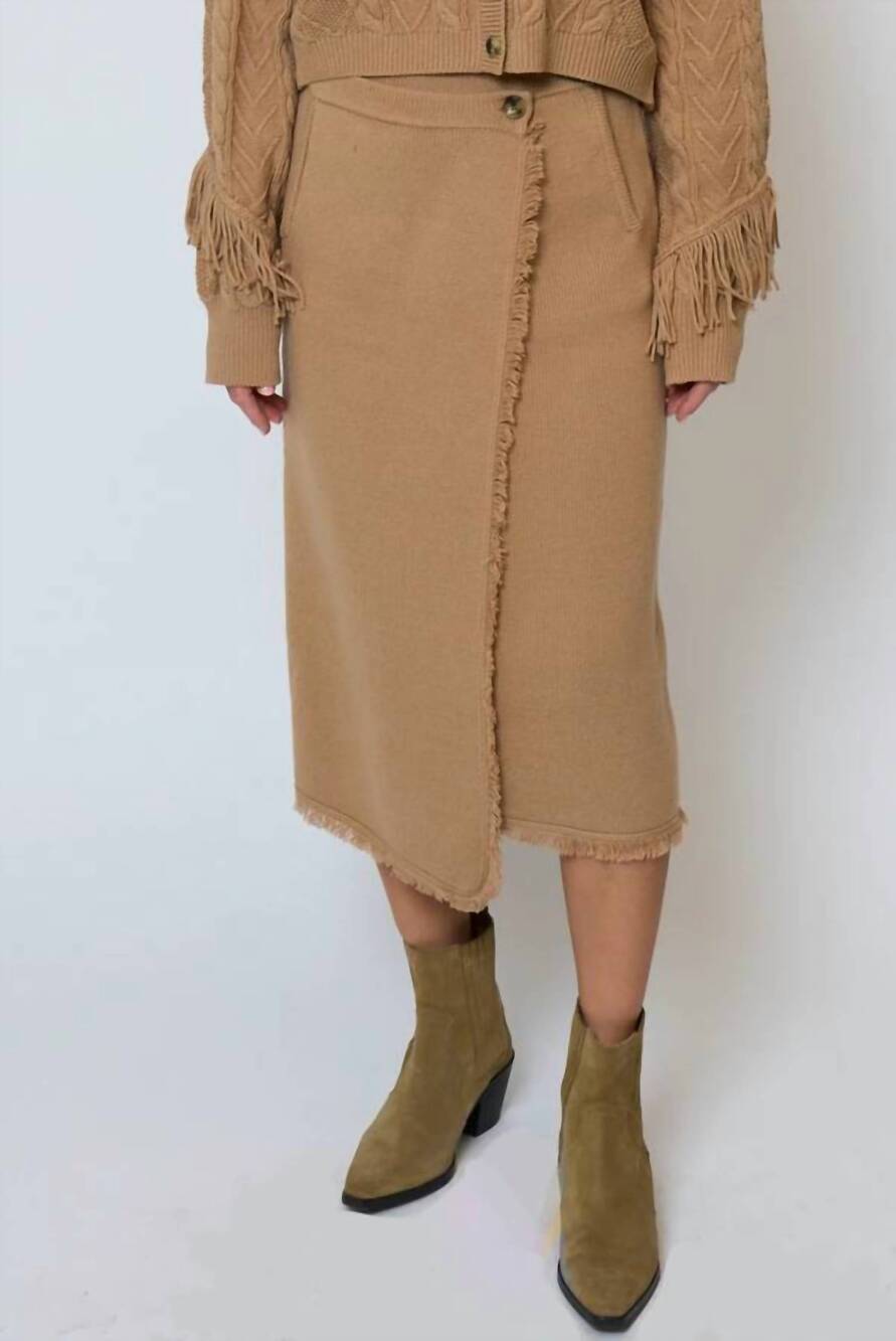 NEW CENTRAL PARK WEST elyse fringe assymetrical midi skirt in camel